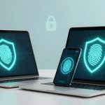 Two laptops and a smartphone display digital fingerprint icons on shields, symbolizing security. A lock icon is in the background.