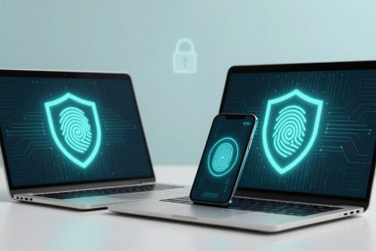 Two laptops and a smartphone display digital fingerprint icons on shields, symbolizing security. A lock icon is in the background.