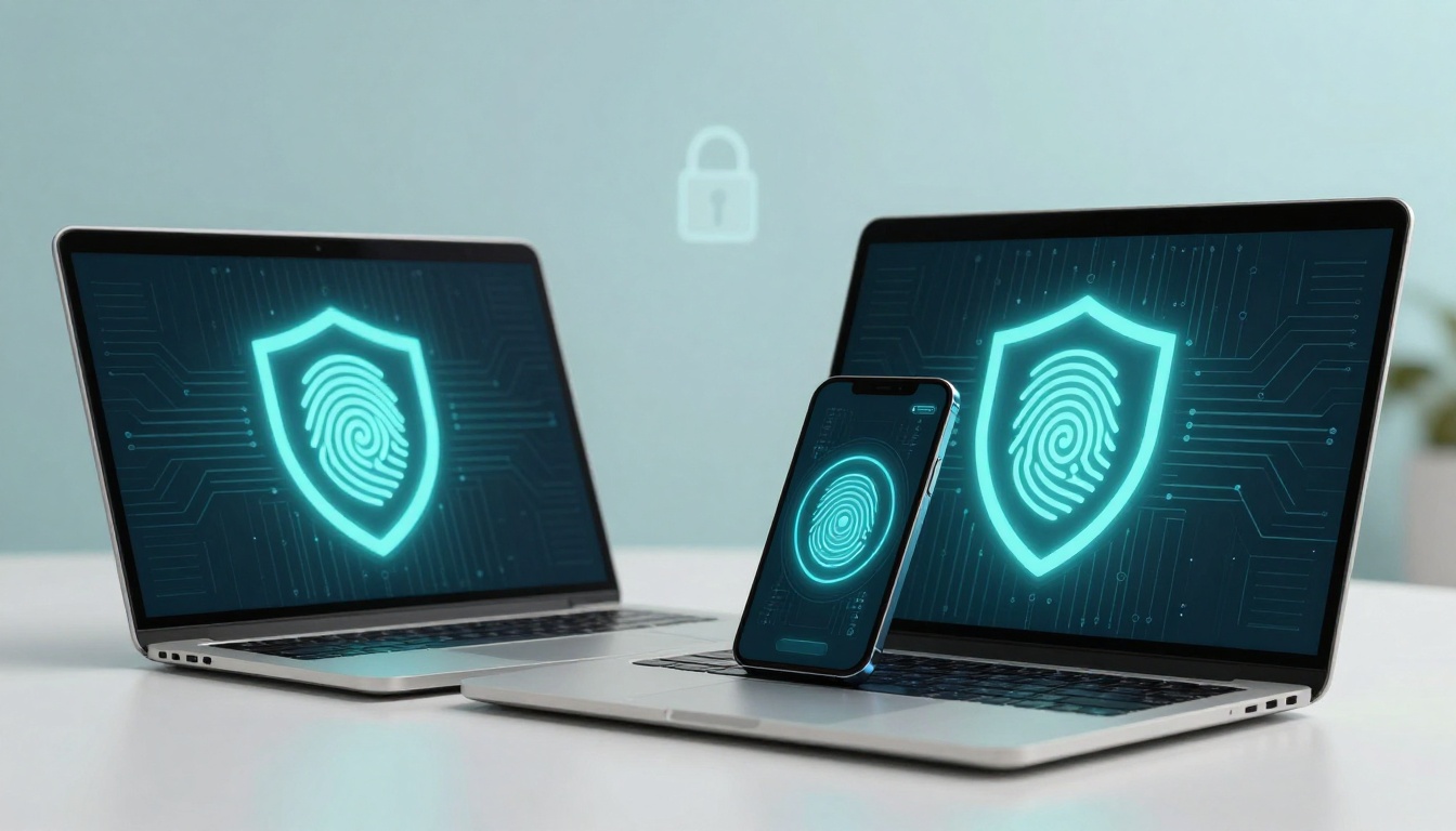 Two laptops and a smartphone display digital fingerprint icons on shields, symbolizing security. A lock icon is in the background.