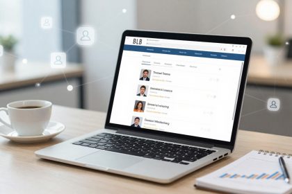 A laptop displaying a business networking website with profiles. A coffee cup is on the left, and a notebook with charts and a pen is on the right. Icons representing people are connected by lines, symbolizing networking.