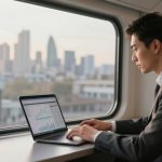 A person in a suit works on a laptop displaying graphs, seated by a train window. The city skyline is visible in the background.