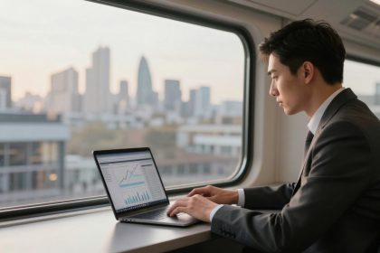 A person in a suit works on a laptop displaying graphs, seated by a train window. The city skyline is visible in the background.