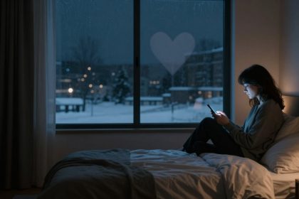 A person sits on a bed using a smartphone in a dimly lit room. Outside the window, it's snowing with a heart shape on the glass.