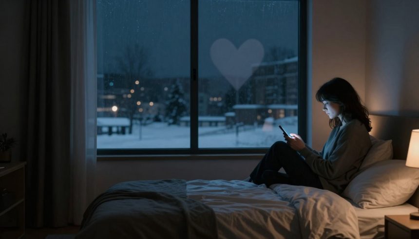 A person sits on a bed using a smartphone in a dimly lit room. Outside the window, it's snowing with a heart shape on the glass.