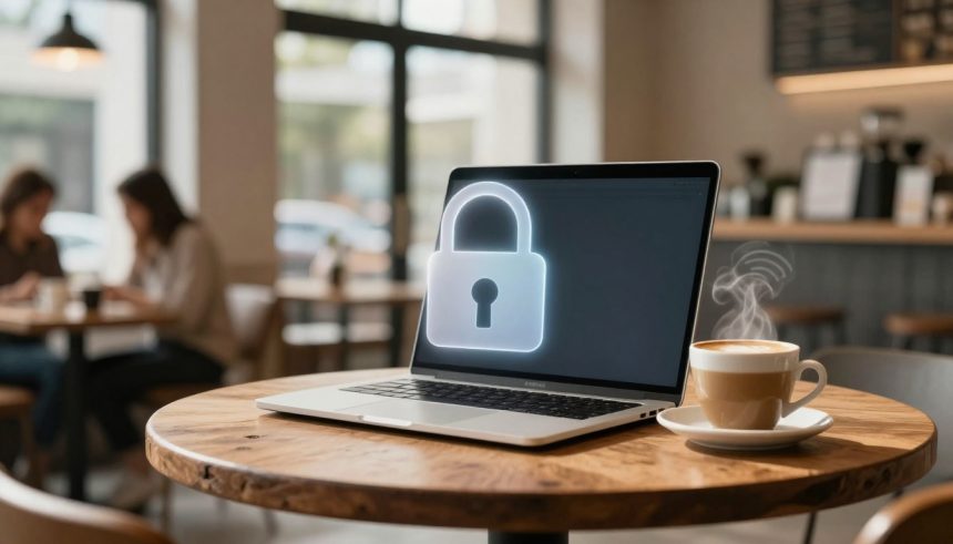 A laptop with a glowing lock icon on the screen sits on a round wooden table in a cafe. A steaming cup of coffee is next to it, with blurred figures in the background.