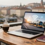A laptop displaying a tram with Wi-Fi symbols on its screen sits on a wooden table. A steaming coffee cup and a closed passport are nearby. The background shows a blurred cityscape.
