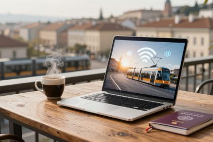 A laptop displaying a tram with Wi-Fi symbols on its screen sits on a wooden table. A steaming coffee cup and a closed passport are nearby. The background shows a blurred cityscape.