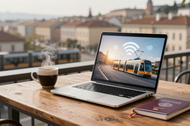 A laptop displaying a tram with Wi-Fi symbols on its screen sits on a wooden table. A steaming coffee cup and a closed passport are nearby. The background shows a blurred cityscape.