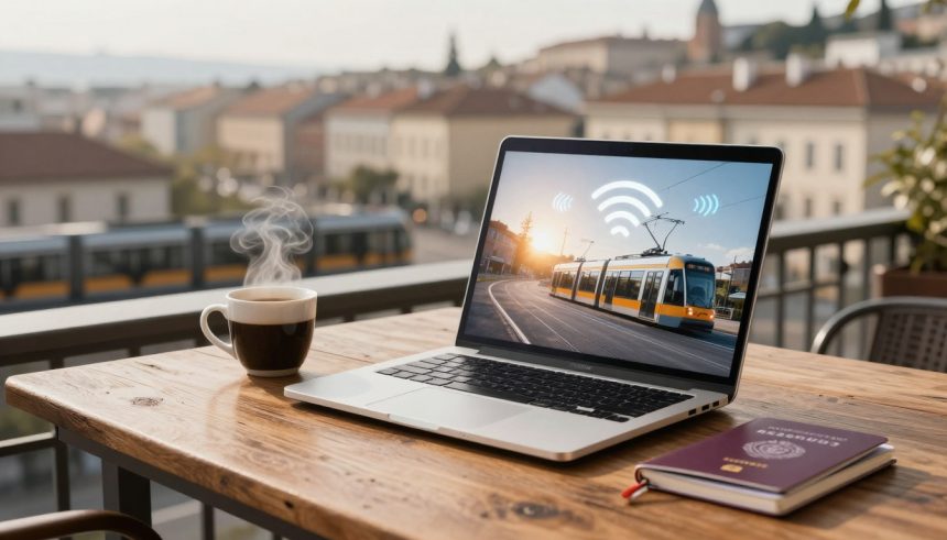 A laptop displaying a tram with Wi-Fi symbols on its screen sits on a wooden table. A steaming coffee cup and a closed passport are nearby. The background shows a blurred cityscape.