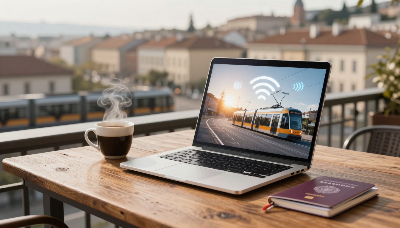 A laptop displaying a tram with Wi-Fi symbols on its screen sits on a wooden table. A steaming coffee cup and a closed passport are nearby. The background shows a blurred cityscape.
