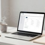 A laptop displaying a blog editing interface is on a white desk. Nearby are a steaming coffee cup, an open notebook with sketches, and a spiral notepad. A white desk lamp is lit, and a window is in the background.