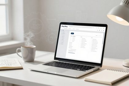 A laptop displaying a blog editing interface is on a white desk. Nearby are a steaming coffee cup, an open notebook with sketches, and a spiral notepad. A white desk lamp is lit, and a window is in the background.