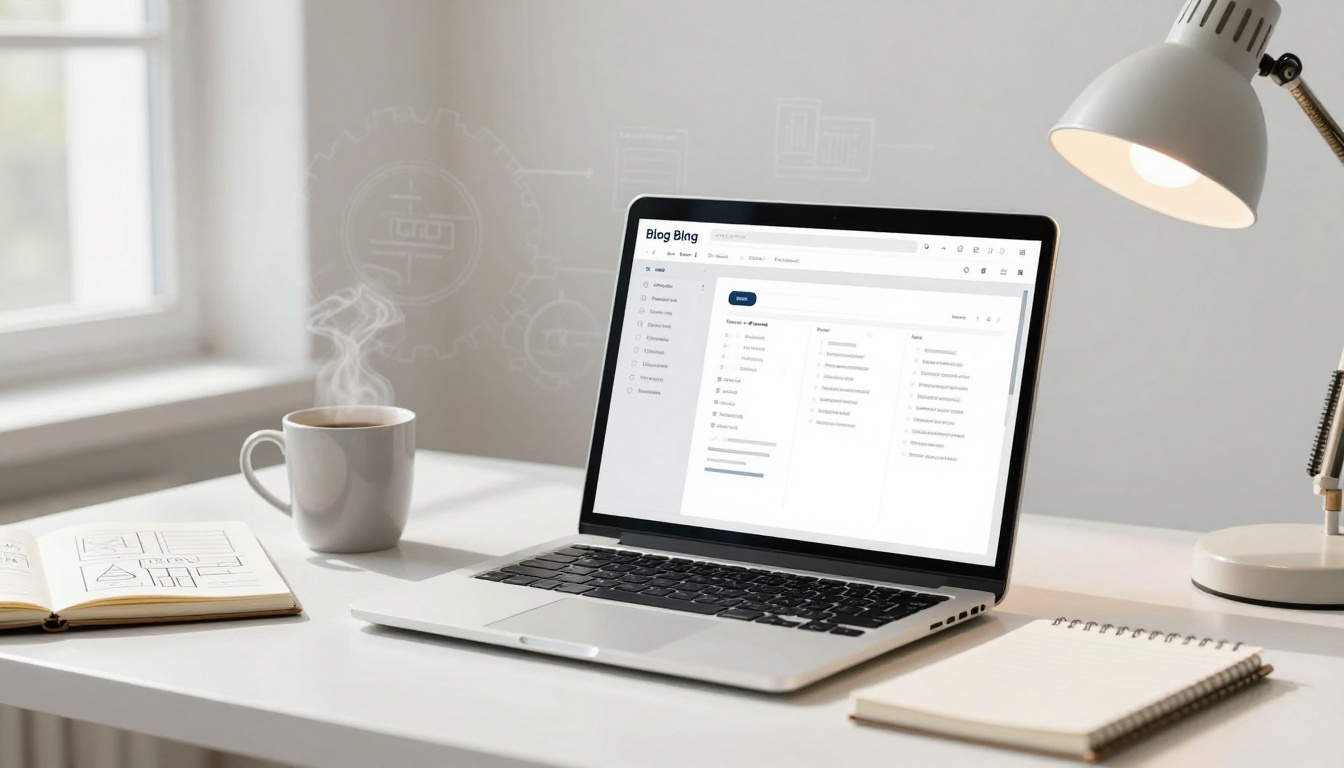 A laptop displaying a blog editing interface is on a white desk. Nearby are a steaming coffee cup, an open notebook with sketches, and a spiral notepad. A white desk lamp is lit, and a window is in the background.