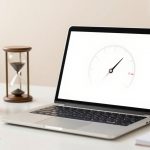 A laptop displaying a speedometer graphic sits on a desk. Nearby are a steaming coffee cup, an hourglass, sticky notes, a pen, and a small plant.