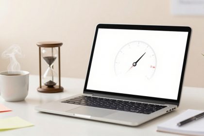 A laptop displaying a speedometer graphic sits on a desk. Nearby are a steaming coffee cup, an hourglass, sticky notes, a pen, and a small plant.