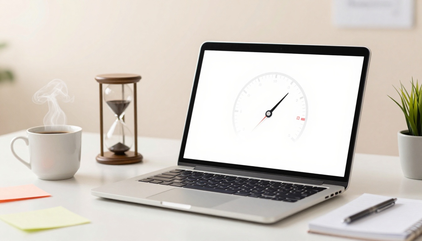 A laptop displaying a speedometer graphic sits on a desk. Nearby are a steaming coffee cup, an hourglass, sticky notes, a pen, and a small plant.