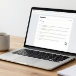 A laptop displaying a webpage is on a wooden table. A white mug filled with coffee is to the left. A notepad and pen are on the right.