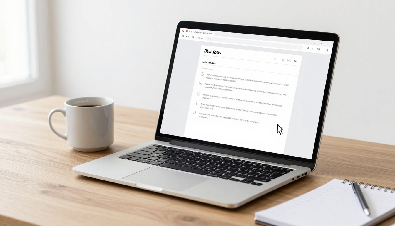 A laptop displaying a webpage is on a wooden table. A white mug filled with coffee is to the left. A notepad and pen are on the right.