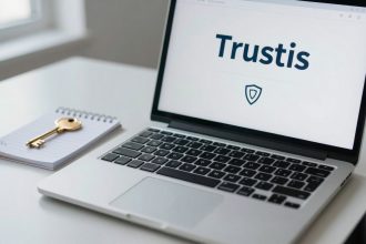 A laptop on a desk displays the word "Trustis" with a shield icon. Next to it, a gold key rests on a lined notepad.