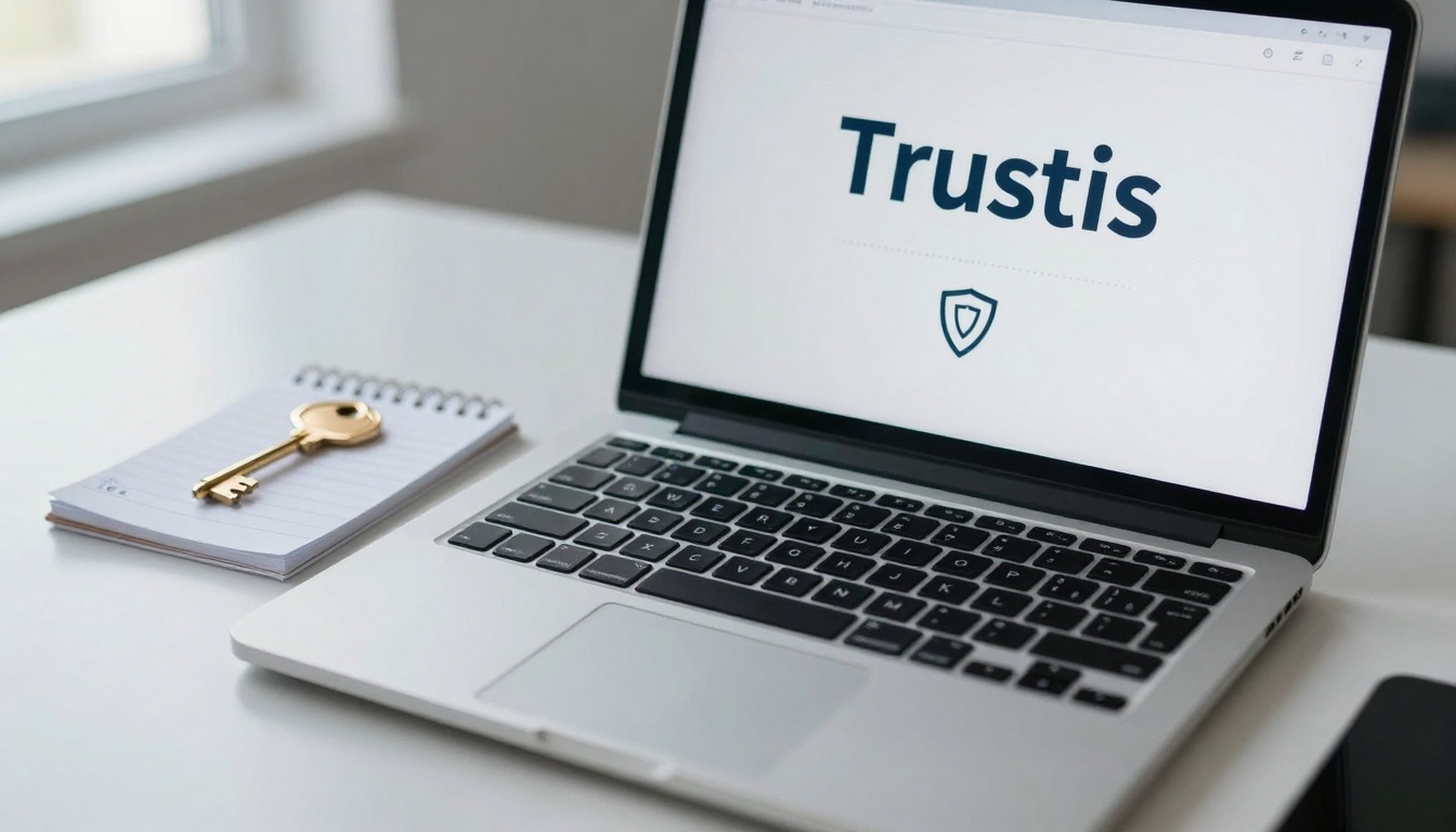 A laptop on a desk displays the word "Trustis" with a shield icon. Next to it, a gold key rests on a lined notepad.