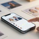 A smartphone on a table displays a dating app with a profile photo of a smiling man and woman. A person's finger is swiping right. Polaroid photos are scattered around.