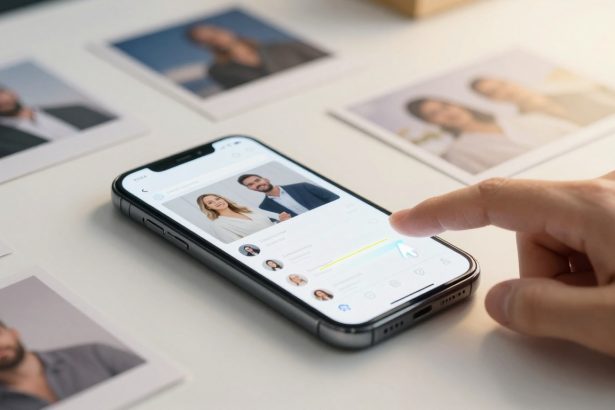 A smartphone on a table displays a dating app with a profile photo of a smiling man and woman. A person's finger is swiping right. Polaroid photos are scattered around.