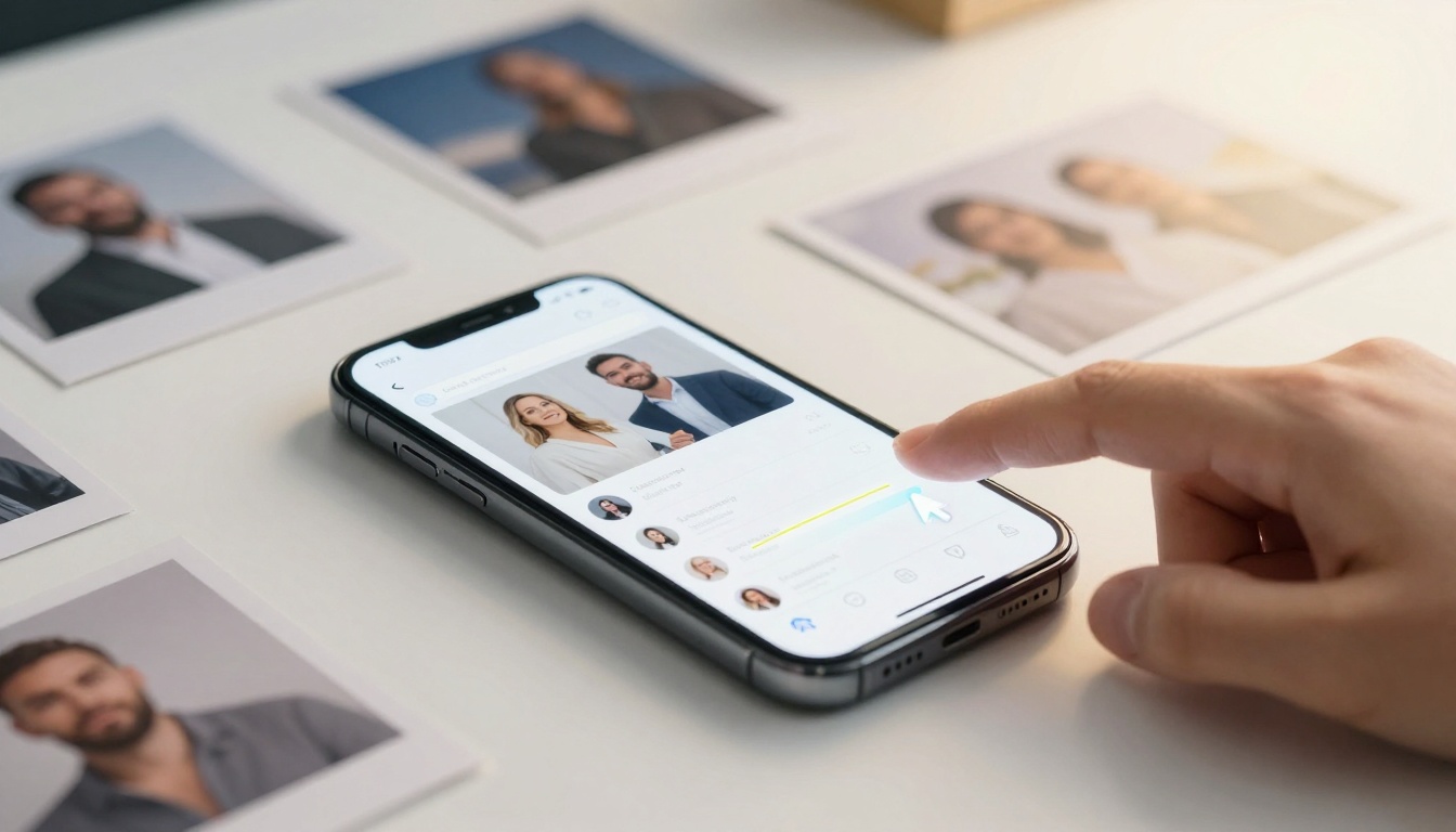 A smartphone on a table displays a dating app with a profile photo of a smiling man and woman. A person's finger is swiping right. Polaroid photos are scattered around.