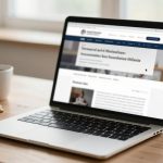 A laptop on a wooden desk displaying a website. Next to it, there's a white coffee cup and an open notebook with a pen. The background shows a blurred window.