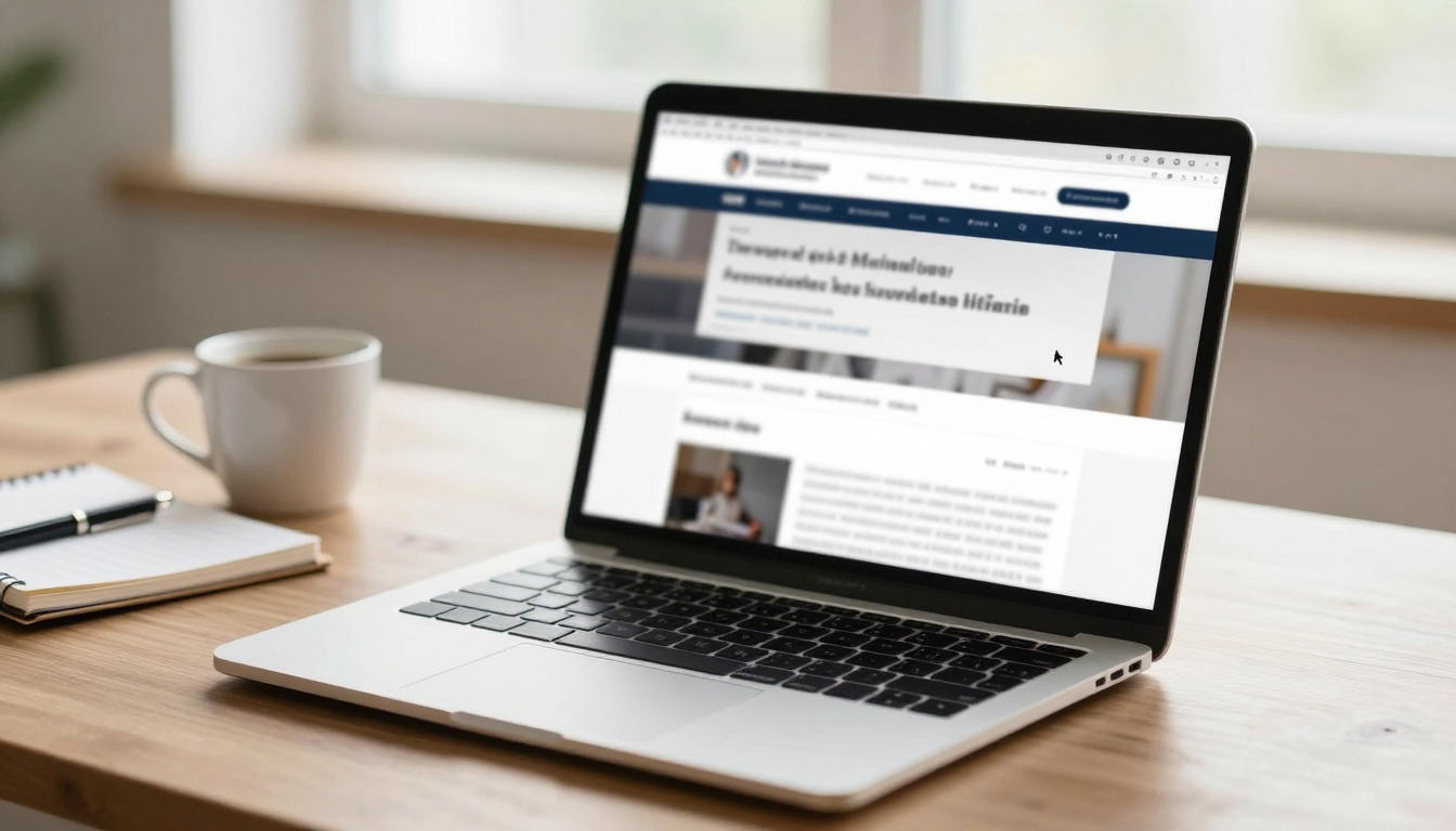 A laptop on a wooden desk displaying a website. Next to it, there's a white coffee cup and an open notebook with a pen. The background shows a blurred window.