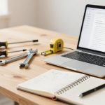 A wooden table with a laptop displaying a website, various tools including screwdrivers, wrenches, a tape measure, and an open notebook with a pen.
