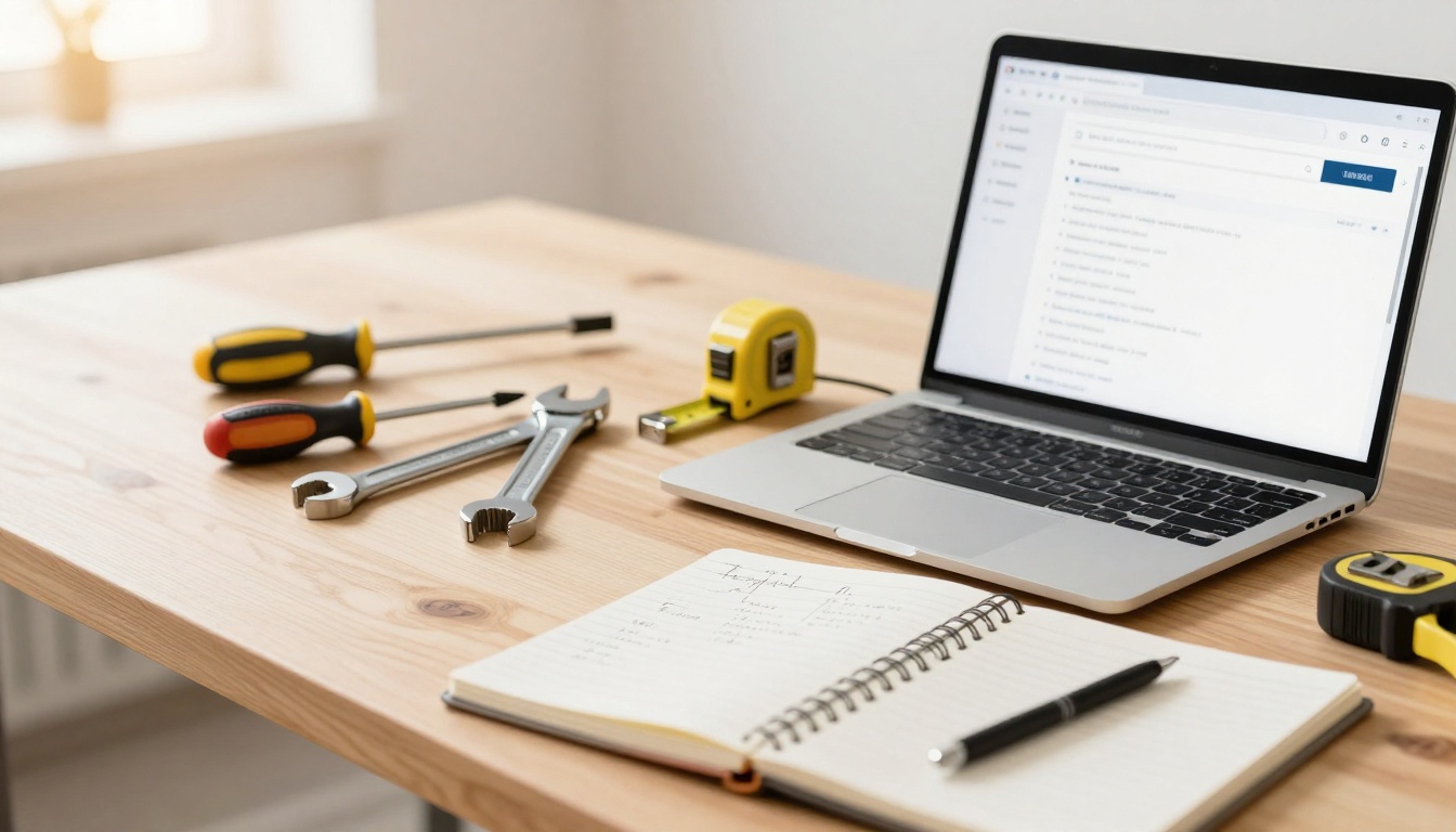 A wooden table with a laptop displaying a website, various tools including screwdrivers, wrenches, a tape measure, and an open notebook with a pen.