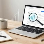 A laptop displaying a bar chart with a magnifying glass over it sits on a wooden table. Nearby are a coffee cup, a notebook with sketches, and a pen.