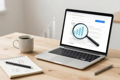 A laptop displaying a bar chart with a magnifying glass over it sits on a wooden table. Nearby are a coffee cup, a notebook with sketches, and a pen.