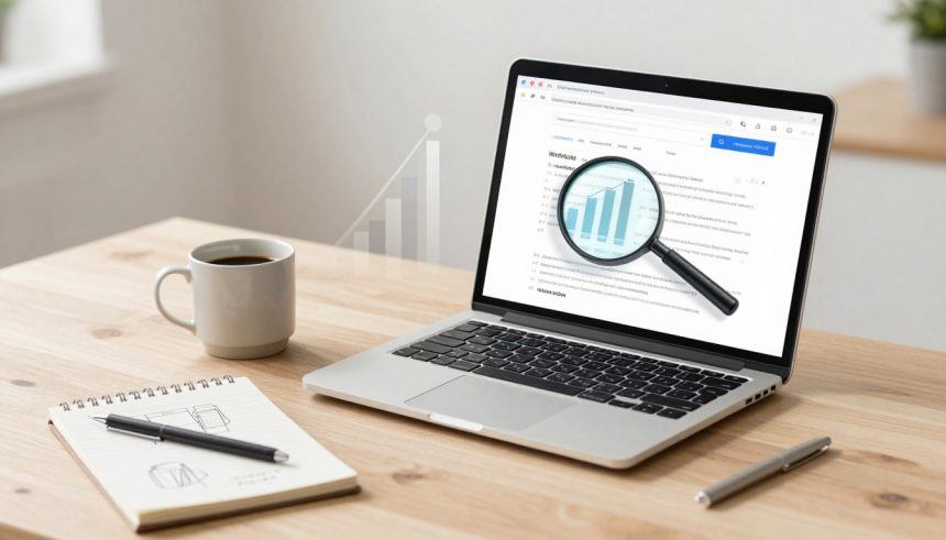 A laptop displaying a bar chart with a magnifying glass over it sits on a wooden table. Nearby are a coffee cup, a notebook with sketches, and a pen.