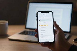 A person holds a smartphone displaying a review app with a five-star rating. A laptop and a coffee cup are on a wooden desk in the background.
