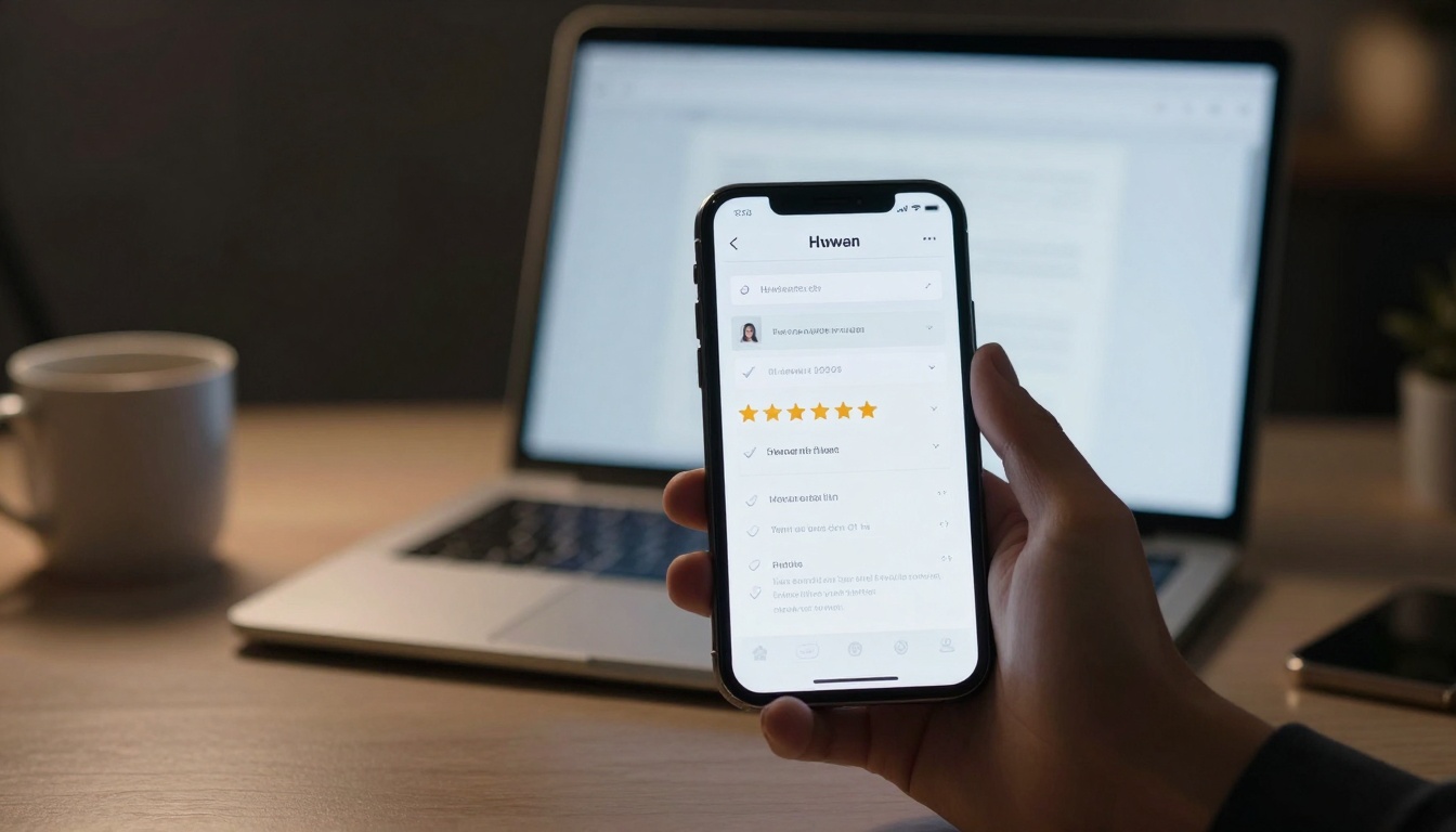 A person holds a smartphone displaying a review app with a five-star rating. A laptop and a coffee cup are on a wooden desk in the background.