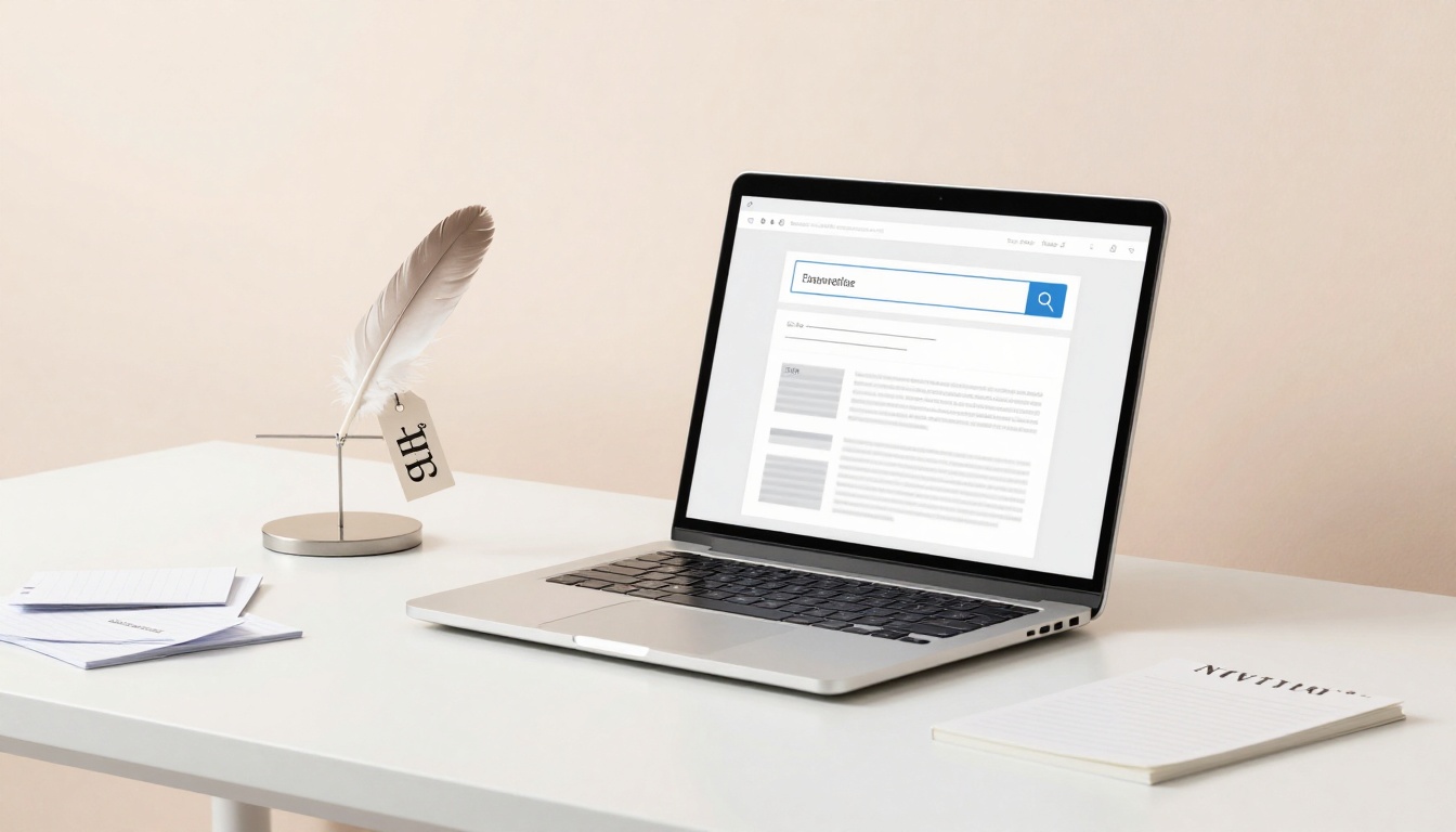 A laptop displaying a search engine on a white desk. Nearby are a large white feather in a stand, a stack of index cards, and a notebook.