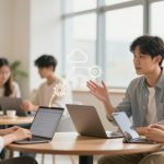Three people are sitting at a table with laptops, engaged in a discussion. A man gestures while talking, and digital cloud and gear icons are displayed above them, suggesting a tech or brainstorming meeting. The room has a modern, bright interior with large windows.