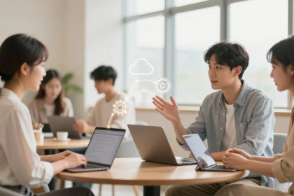 Three people are sitting at a table with laptops, engaged in a discussion. A man gestures while talking, and digital cloud and gear icons are displayed above them, suggesting a tech or brainstorming meeting. The room has a modern, bright interior with large windows.