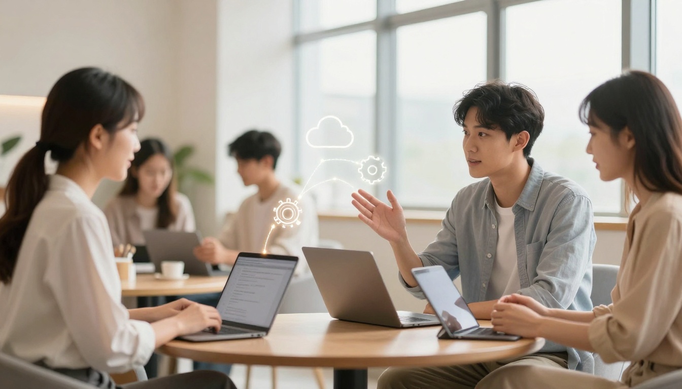 Three people are sitting at a table with laptops, engaged in a discussion. A man gestures while talking, and digital cloud and gear icons are displayed above them, suggesting a tech or brainstorming meeting. The room has a modern, bright interior with large windows.