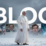 A religious figure in white robes stands in front of large letters spelling "BLOG." The background shows a snowy cityscape. Behind him are images of a crowd, a man speaking, and a digital avatar with a letter 'A'.