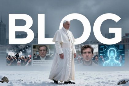 A religious figure in white robes stands in front of large letters spelling "BLOG." The background shows a snowy cityscape. Behind him are images of a crowd, a man speaking, and a digital avatar with a letter 'A'.