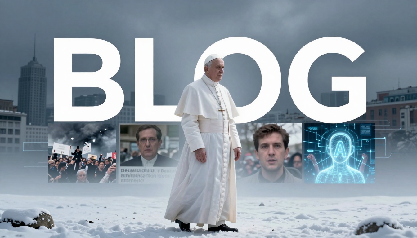 A religious figure in white robes stands in front of large letters spelling "BLOG." The background shows a snowy cityscape. Behind him are images of a crowd, a man speaking, and a digital avatar with a letter 'A'.