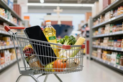 A shopping cart filled with groceries, including a bottle of cooking oil, fresh vegetables, and fruits. A smartphone rests on top. The cart is in a supermarket aisle lined with shelves of various packaged goods.