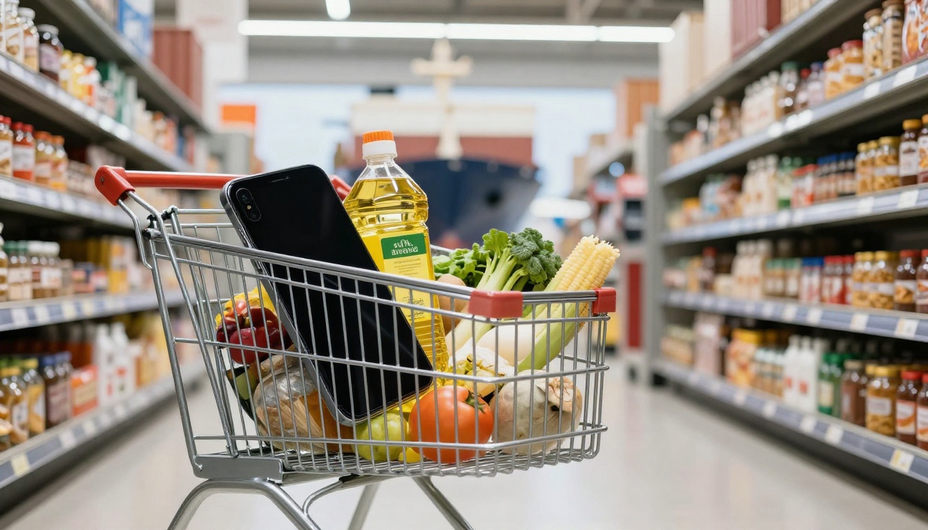 A shopping cart filled with groceries, including a bottle of cooking oil, fresh vegetables, and fruits. A smartphone rests on top. The cart is in a supermarket aisle lined with shelves of various packaged goods.