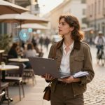 A woman in a brown jacket holds a laptop and notebook, standing near a street café. People are cycling in the background, and digital holograms are visible beside her.