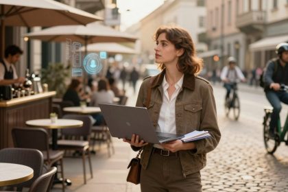 A woman in a brown jacket holds a laptop and notebook, standing near a street café. People are cycling in the background, and digital holograms are visible beside her.