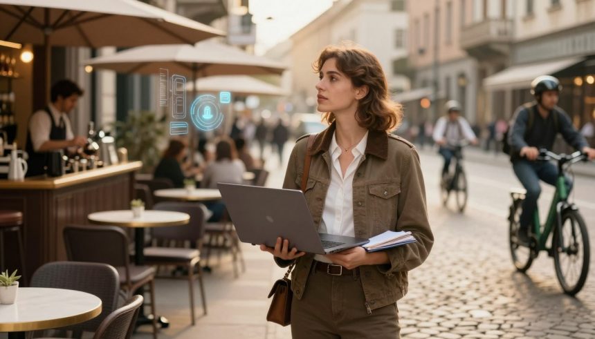 A woman in a brown jacket holds a laptop and notebook, standing near a street café. People are cycling in the background, and digital holograms are visible beside her.