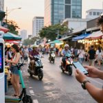 A street market scene with people walking and riding scooters. A man in the foreground wears a mask and uses a smartphone. A woman interacts with a digital kiosk. Colorful market stalls line the street.