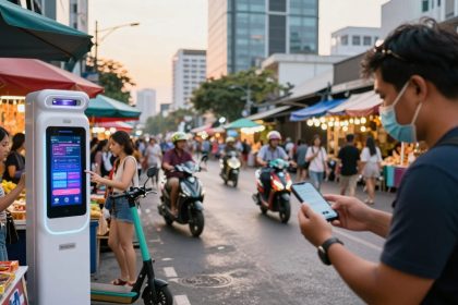 A street market scene with people walking and riding scooters. A man in the foreground wears a mask and uses a smartphone. A woman interacts with a digital kiosk. Colorful market stalls line the street.
